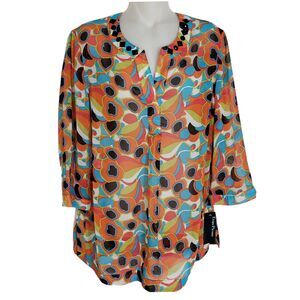 Evan Picone Womens Top Size 6 Tunic 3/4 Sleeve Semi Sheer Blouse Jewel Neckline